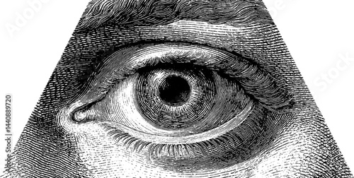 Detailed engraving of eye in pyramid illustrating symbolic all-seeing eye concept.