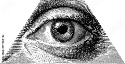 Vintage engraved all-seeing eye in triangle symbol with detailed lines.