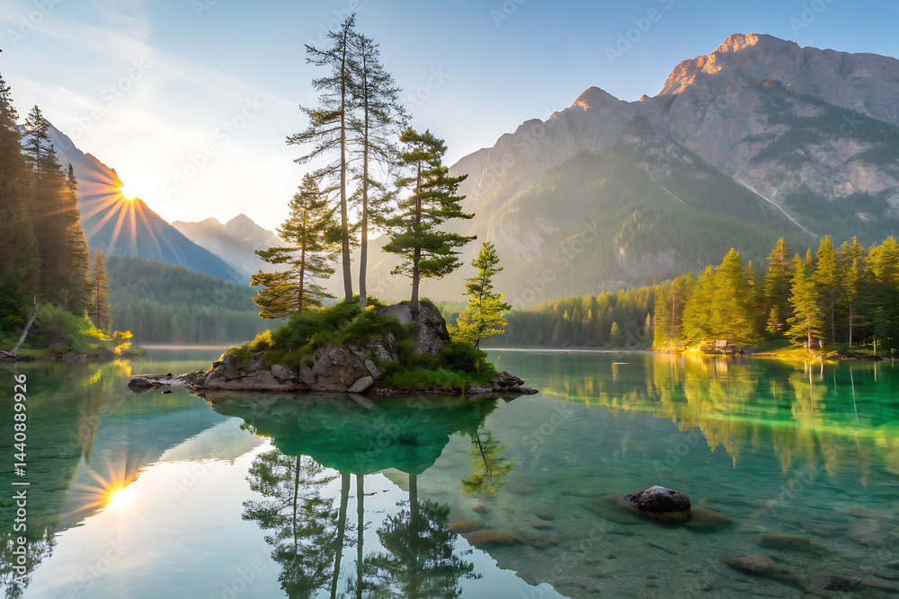 Naklejka premium Majestic mountain landscape with turquoise lake and golden sunrise reflection