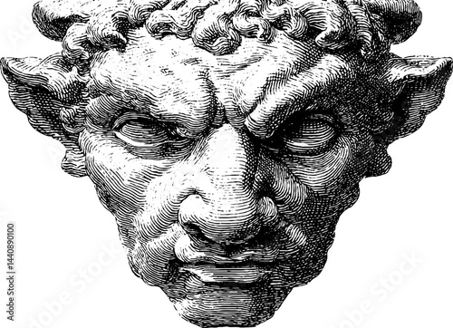 Intricate line art of a demon face with intense expression and horns.