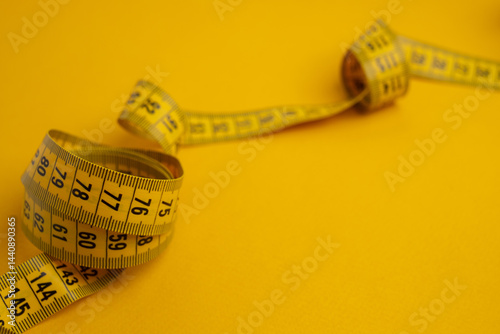Yellow measuring tape on a yellow background. Tool for measuring length and volume. Tape for measuring in the clothing industry or the volume of the human body 
