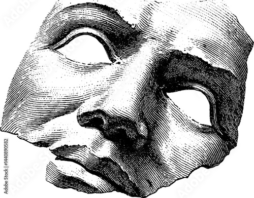 Antique engraved mask fragment with intricate detail.