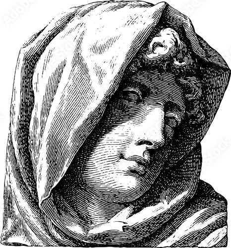 Intricate classical bust wearing hood with detailed features.