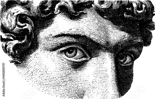 Detailed engraving of classical sculpture eyes with intense stare.