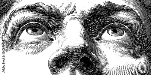 Close-up engraving of young caucasian male face with intense gaze.