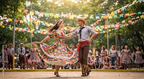 Couple dancing at a festa junina celebration with spectators and colorful flags in the background