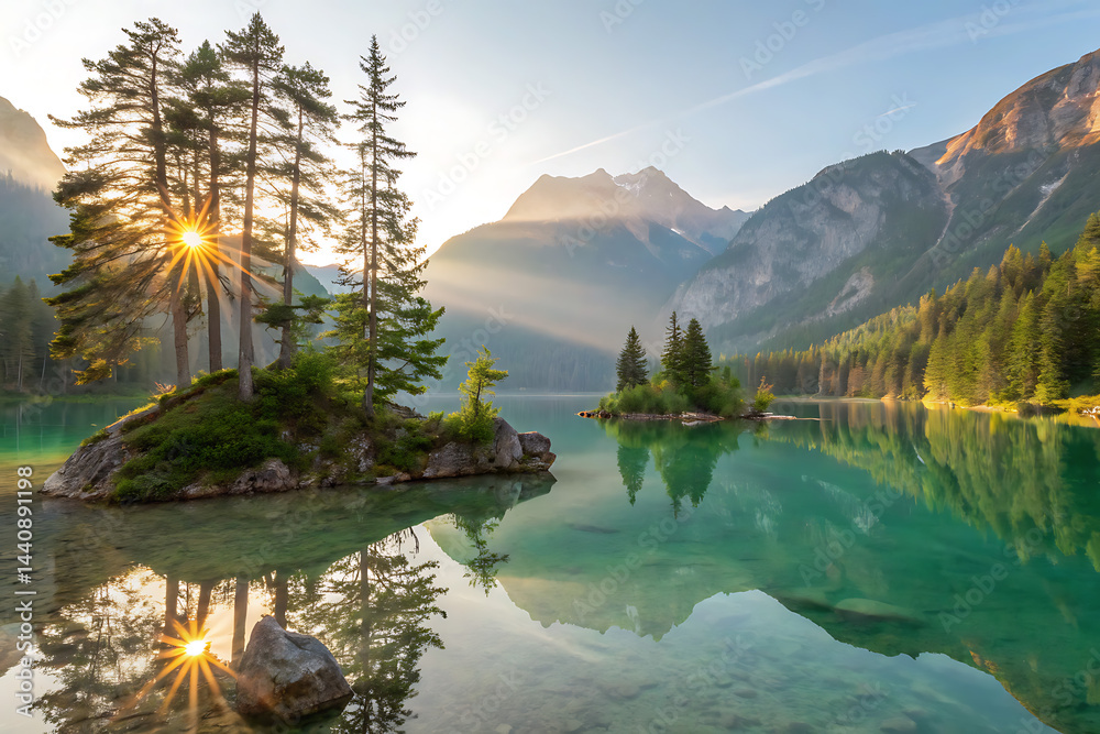 Majestic mountain landscape with turquoise lake and golden sunrise reflection