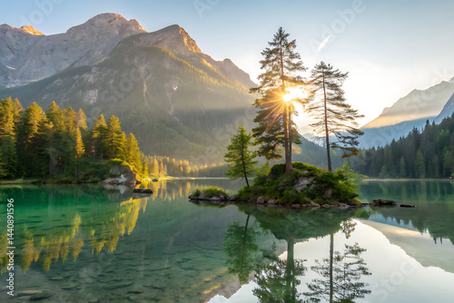 Obraz na płótnie Majestic mountain landscape with turquoise lake and golden sunrise reflection w salonie