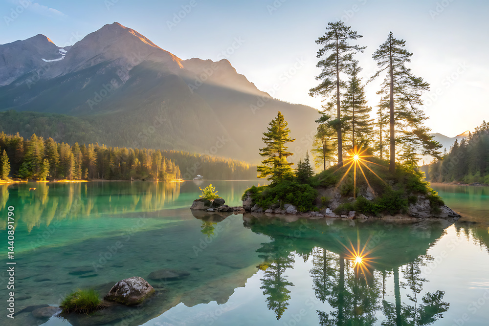 Majestic mountain landscape with turquoise lake and golden sunrise reflection