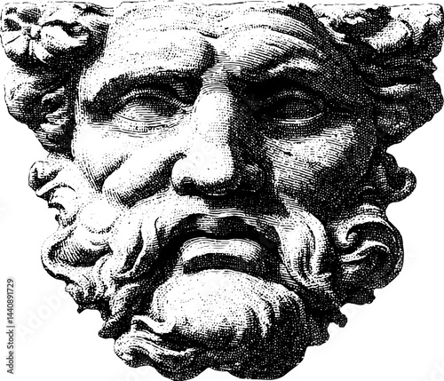 Detailed engraving of ancient greek god zeus with majestic beard.