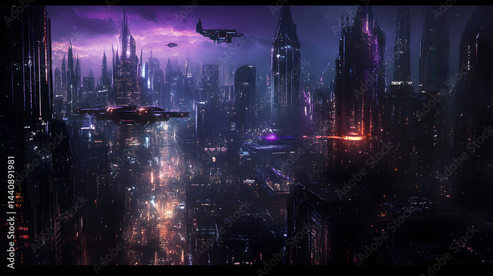 Obraz premium A futuristic city on a distant planet, with neon-lit towers, flying vehicles, and a glowing purple sky above.
