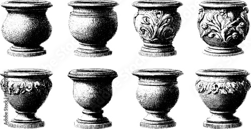 Antique engraved stone vases collection with intricate floral designs.