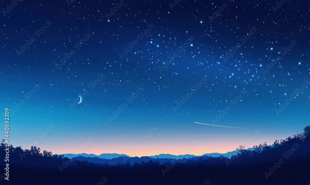 Starry night sky with crescent moon and distant mountains at twilight Starry night sky with crescent moon and distant mountains at twilight