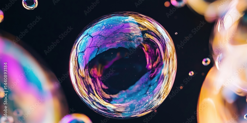 Colorful soap bubble with reflections and vibrant hues against dark background