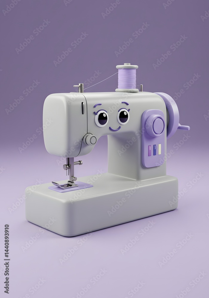 Whimsical Sewing Machine Character: A Playful 3D Rendering on a Pastel Purple Backdrop for Creative Projects Whimsical Sewing Machine Character: A Playful 3D Rendering on a Pastel Purple Backdrop for Creative Projects