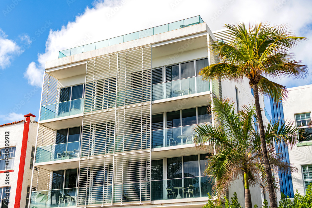 Obraz premium Miami South Beach in Ocean Drive. Art Deco building architecture. Architectural building. Art deco architectural district. Art Deco. Modern building of Miami beach. Famous street. Ocean drive