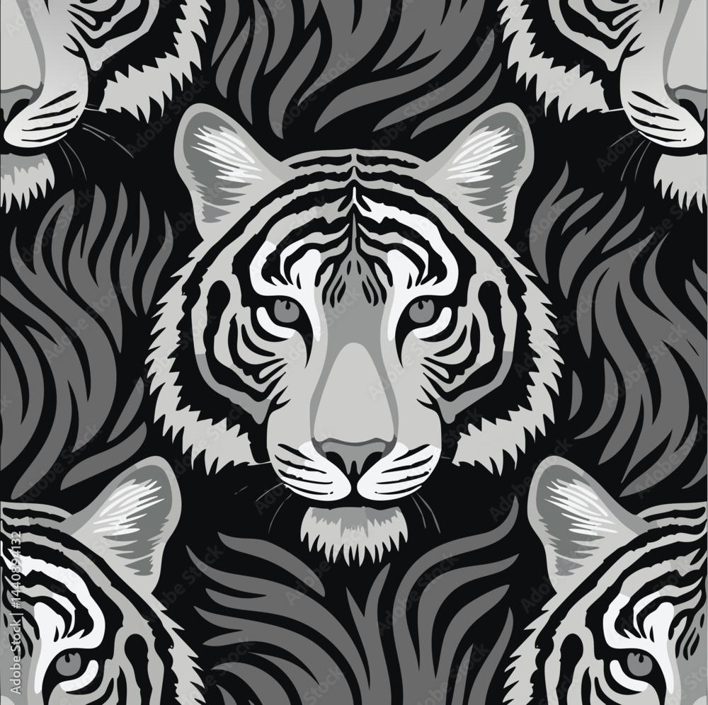 Fototapeta premium Black and white seamless pattern with tiger skin, Seamless tiger stripe pattern, Wild animal tiger head face mascot design vector illustration, (Panthera tigris) big cat jungle animal
