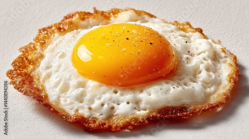 a close-up of a perfectly fried egg with a runny yolk on a white isolated background, simple and delicious design