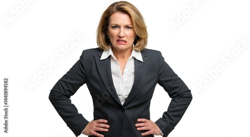 Frustrated businesswoman in a suit with hands on hips against a white studio background looking annoyed