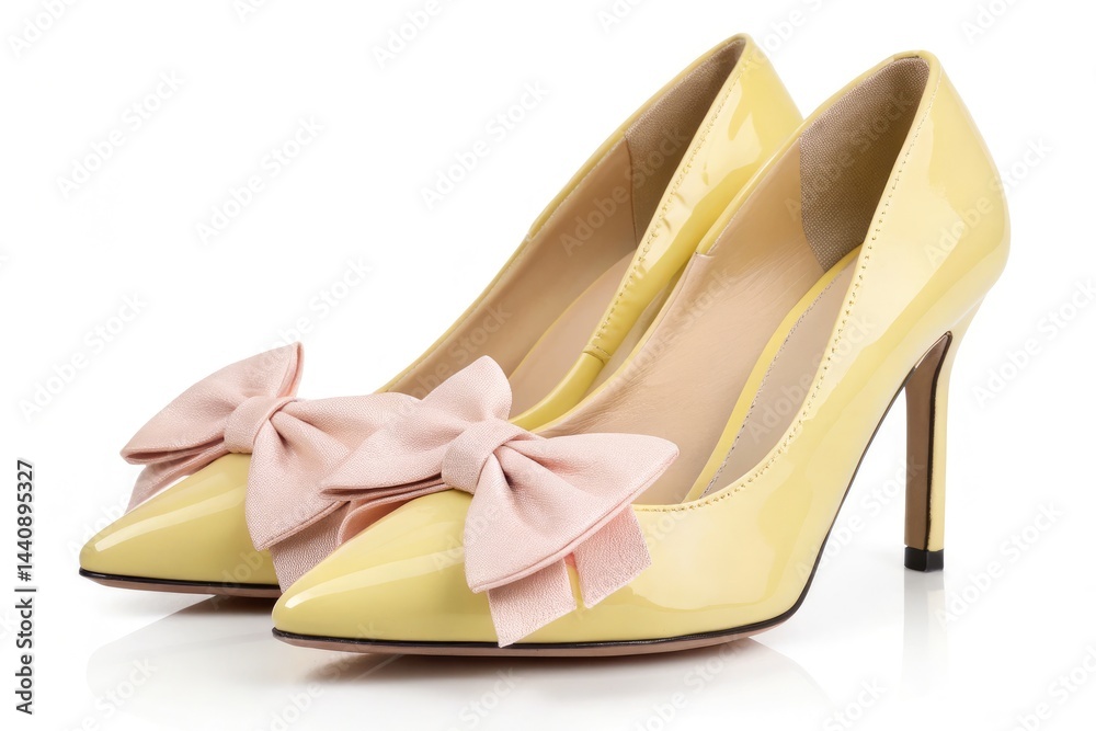 Naklejka premium Stylish Yellow High Heels With Pink Bows for Chic Occasions Generative AI