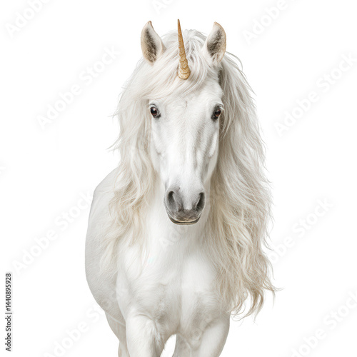 Majestic white unicorn with flowing mane stands tall on a white background.