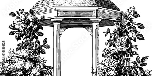 Romantic gazebo with floral decorations - engraved vintage illustration for design.