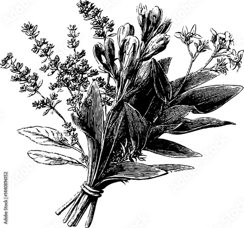 Intricate engraved illustration of a rustic wedding bouquet design for invitations.