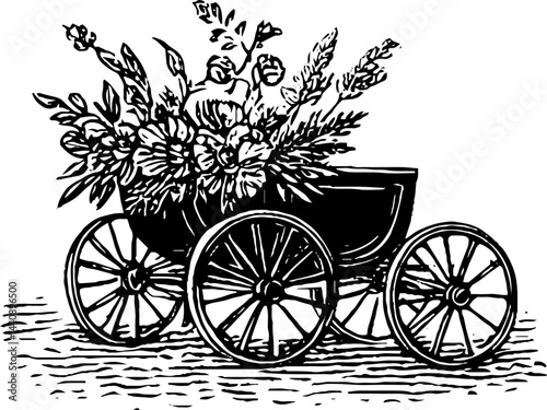 Vintage wedding carriage with floral arrangement - engraved retro design for invitations and décor.