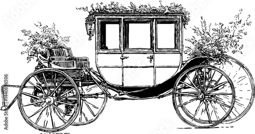 Vintage wedding carriage with floral decorations - engraved illustration for classic wedding design.