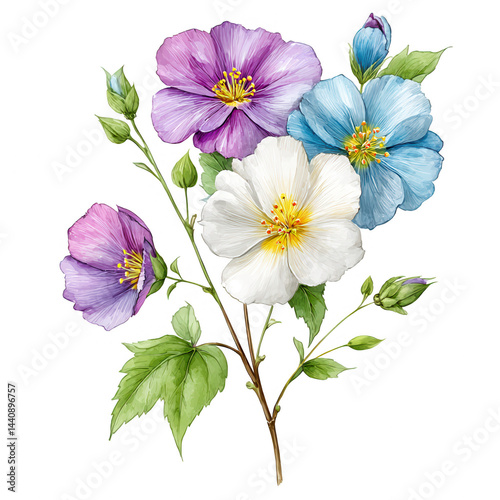 Beautiful watercolor illustration of colorful hibiscus flowers on stem art.
