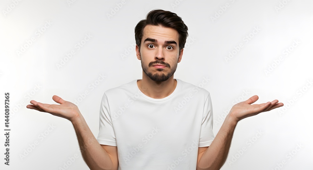 Man with a beard and a white shirt shrugging his shoulders with a questioning facial expression indoors Man with a beard and a white shirt shrugging his shoulders with a questioning facial expression indoors