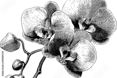 Elegant engraved floral bouquet illustration with orchid flowers for wedding design.