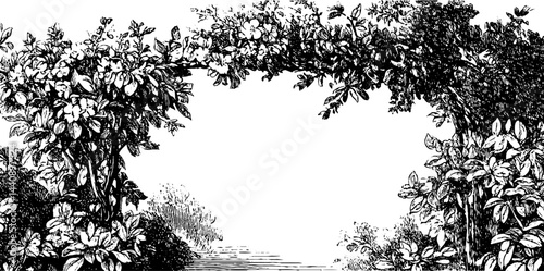 Ornate engraved floral archway for outdoor gardens and landscapes.