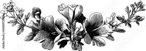Engraved illustration of a wildflower crown design for artistic decoration.