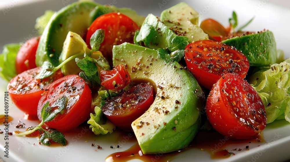 a close-up of a freshly prepared avocado salad with cherry tomatoes, lettuce, and a tangy dressing on a white isolated background, healthy and vibrant design a close-up of a freshly prepared avocado salad with cherry tomatoes, lettuce, and a tangy dressing on a white isolated background, healthy and vibrant design