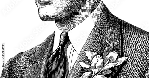 Vintage engraved illustration of a groom's boutonniere on suit for wedding design.