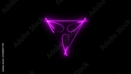 Neon ufo alien animation, rotation around vertical axis. Glowing neon  icon, looped spin. Space alien face, extraterrestrial emoji, humanoid pink colors 4k.