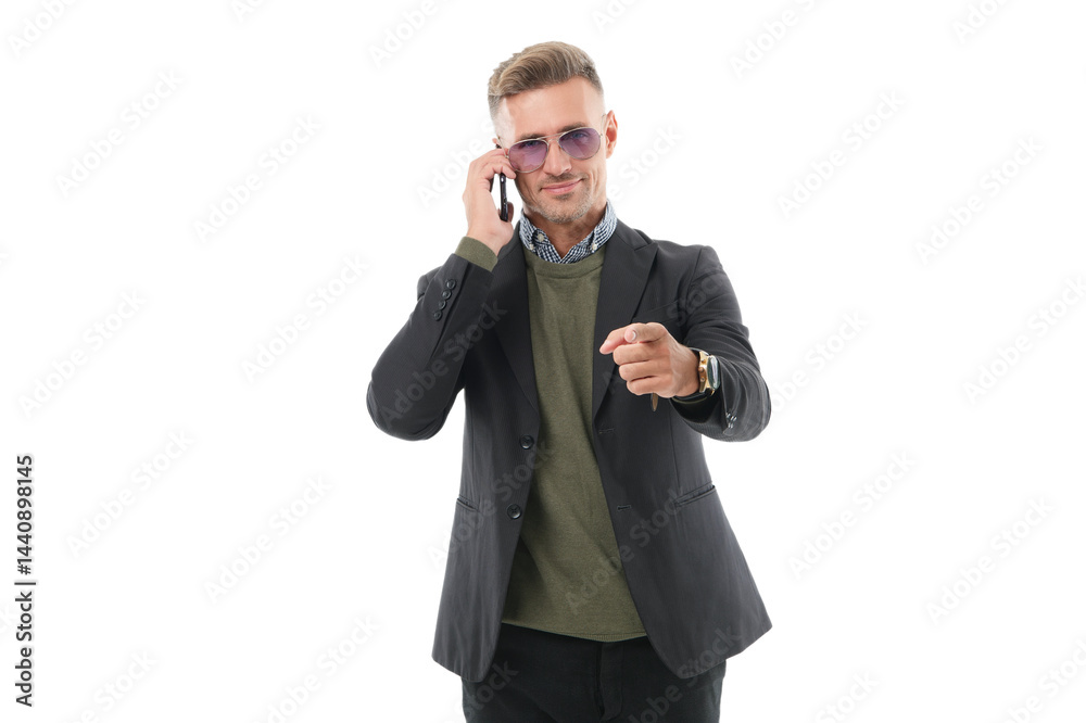 Man talk on smartphone. Phone call. Mobile communication. Communication. Businessman speak on smartphone isolated on white. Business man has phone conversation. Business call. Point finger Man talk on smartphone. Phone call. Mobile communication. Communication. Businessman speak on smartphone isolated on white. Business man has phone conversation. Business call. Point finger