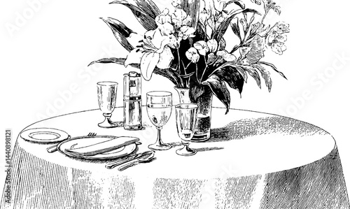 Elegant wedding table setting with floral centerpiece - engraved illustration.