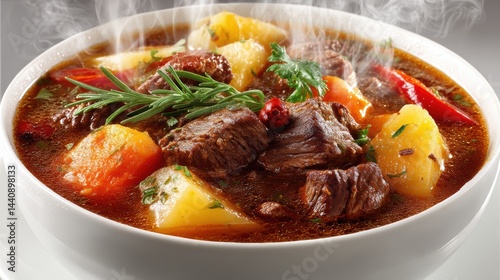 a steaming hot bowl of beef stew with tender meat, potatoes, and carrots on a white isolated background, hearty and comforting design