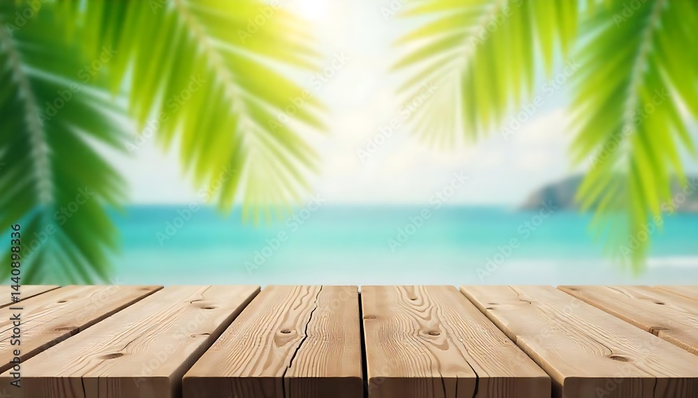 Dark wood table top with blur on green palm leaves or tree in tropical forest. Background usage or product presentation, created with generative ai Dark wood table top with blur on green palm leaves or tree in tropical forest. Background usage or product presentation, created with generative ai