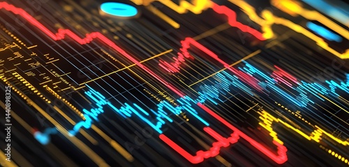 Abstract financial graph with red and blue lines on a dark background showing market trends