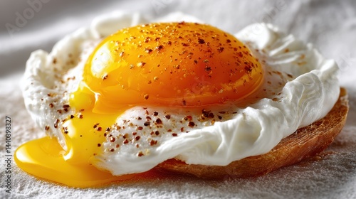 a close-up of a perfectly cooked poached egg with a runny yolk on a white isolated background, soft and delicate design
