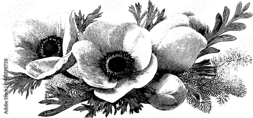Engraved floral wedding bouquet with anemone for elegant design.
