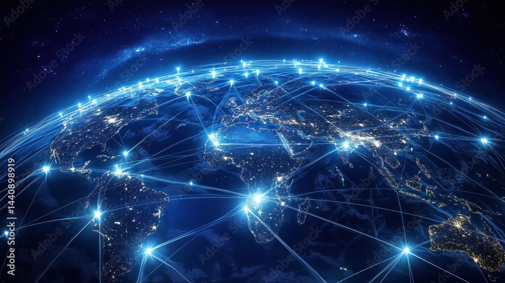 Global connectivity network illuminated over Earth at night with bright city lights