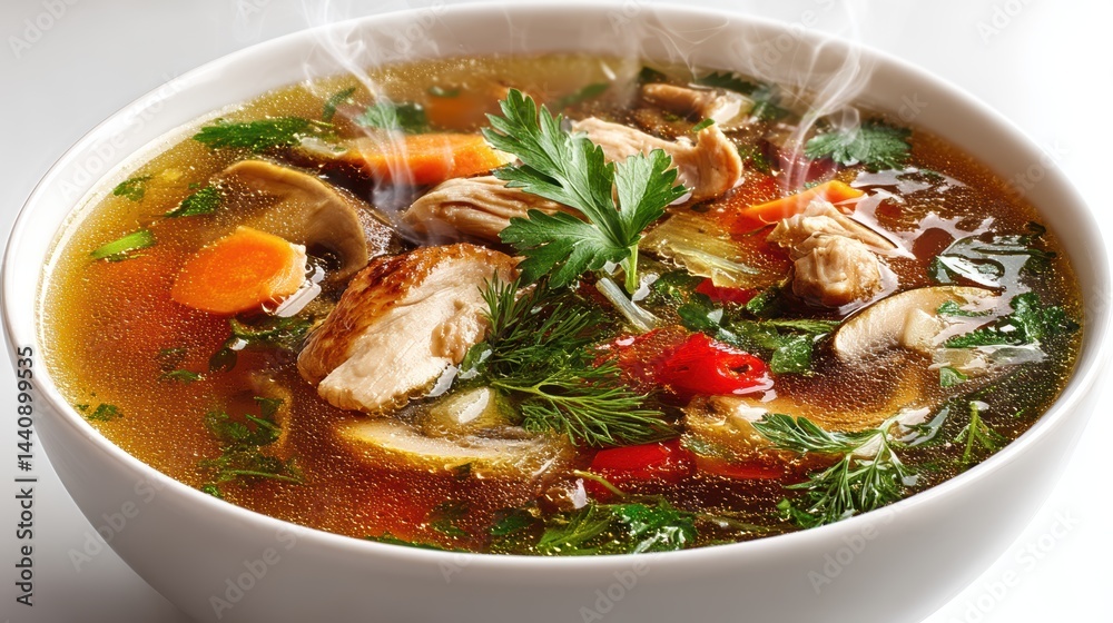a steaming bowl of chicken and vegetable soup with a rich broth on a white isolated background, nourishing and comforting design