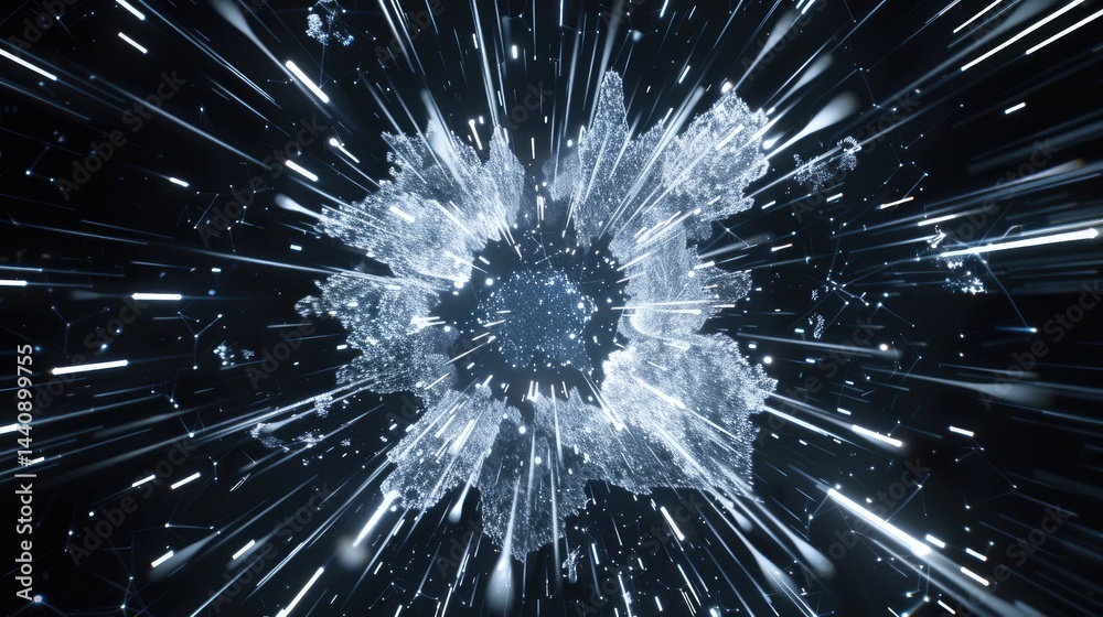Fototapeta premium This captivating image features exploding white spheres emanating vibrant neon light against a dark background, creating a mesmerizing visual effect perfect for abstract art themes.