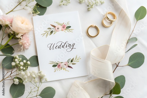 Wedding Flat Lay with Invitation Suite Rings Flower Background