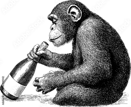 Engraved illustration of a chimpanzee opening a champagne bottle for celebration design