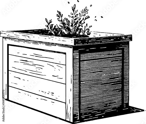 Engraved compost bin illustration with foliage for eco-friendly design and gardening concepts